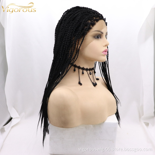 Vigorous braid long bug black wholesale cheap heat resistente synthetic wig with lace front